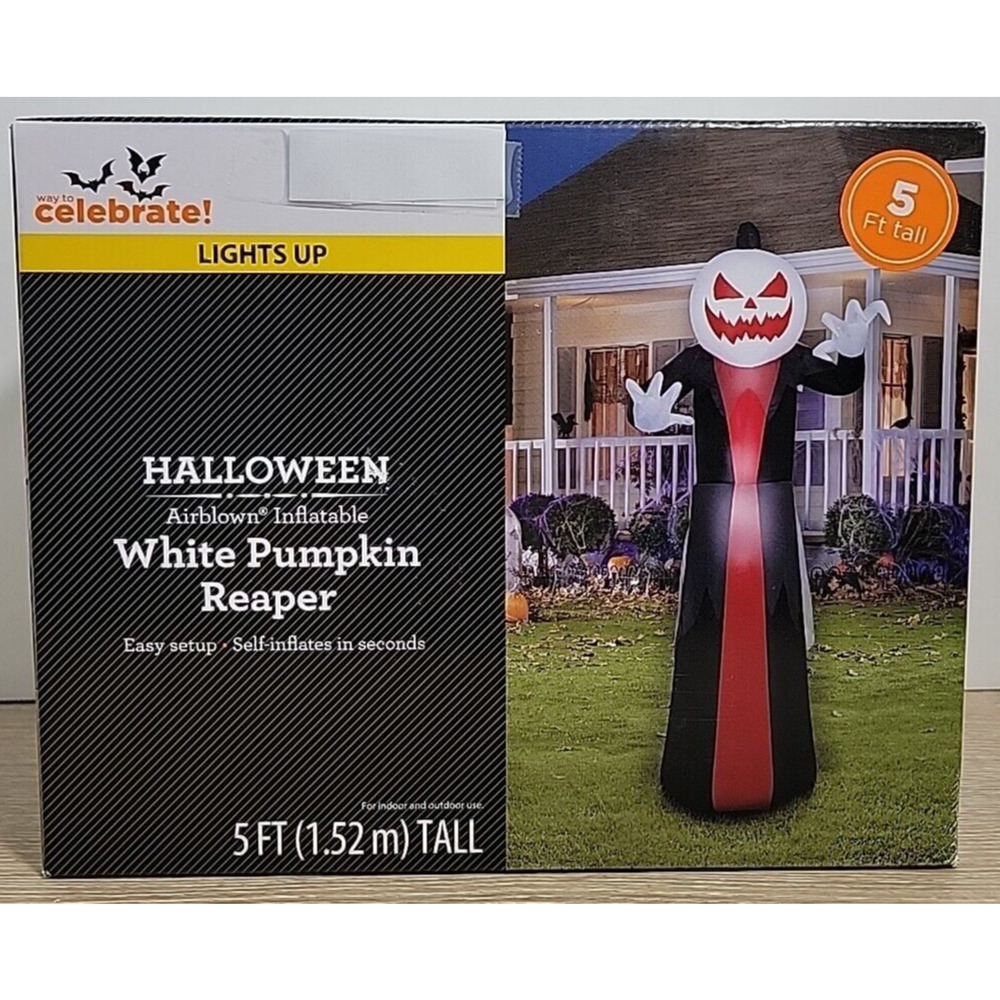 Gemmy Halloween 5 ft Lights Up White Pumpkin Reaper Airblown Inflatable NIB‎